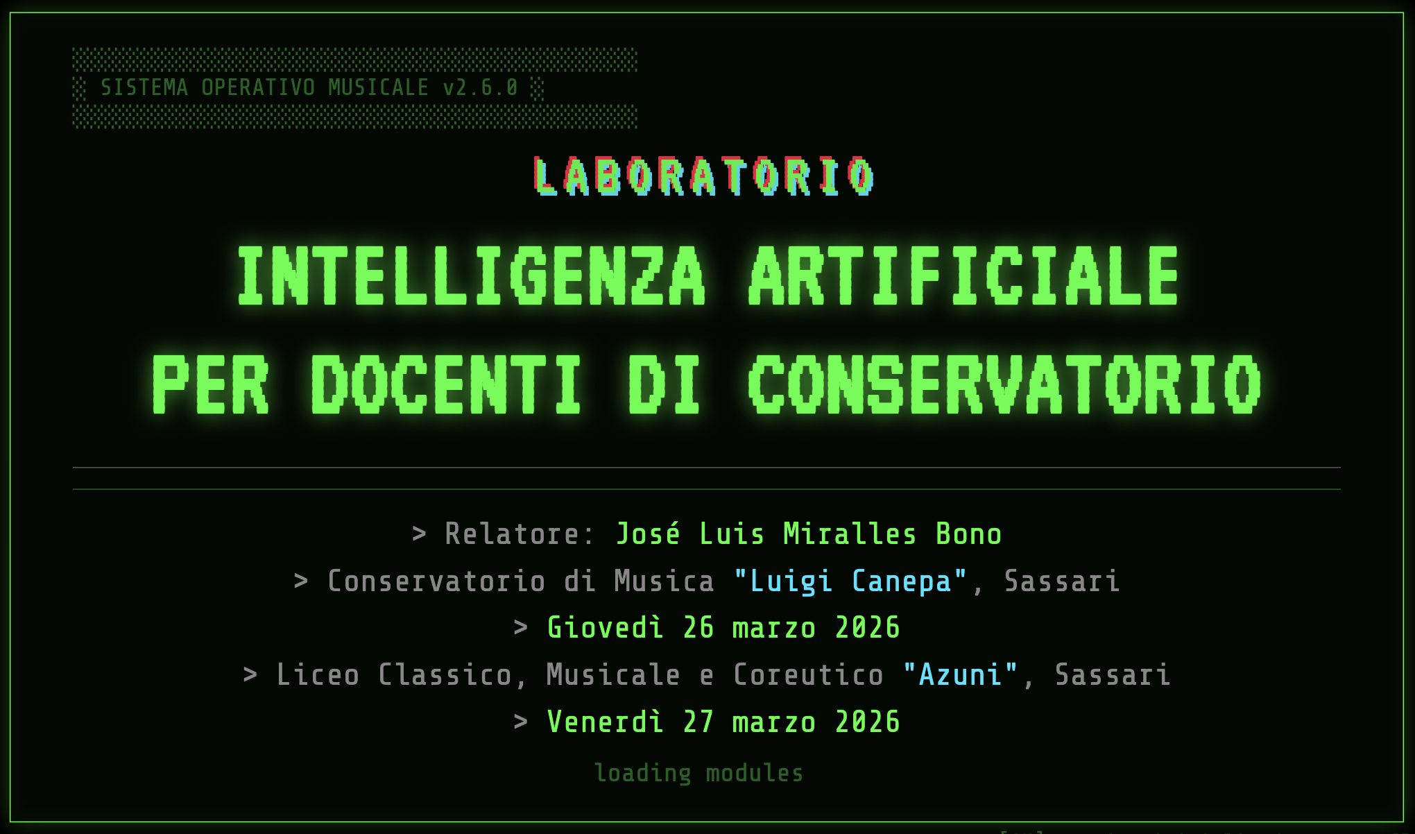 Cartel del laboratorio Intelligenza artificiale per docenti di conservatorio, Sassari, 2026